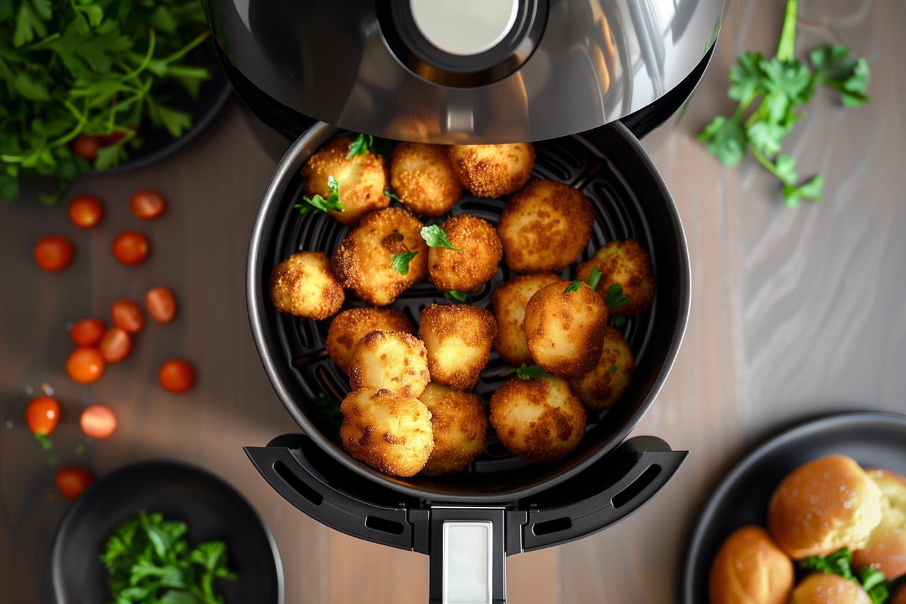 Air fryer com bolinhos de arroz e tomates ao lado