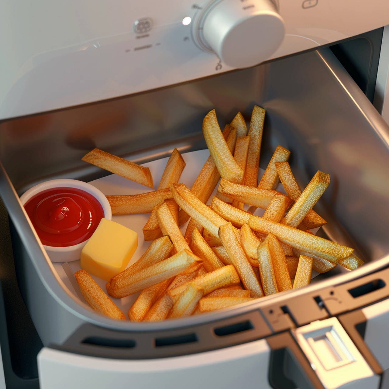 Imagem de batatas fritas crocantes feitas na Air Fryer, acompanhadas de ketchup e manteiga, destacando o preparo sem óleo e a praticidade da fritura a ar.