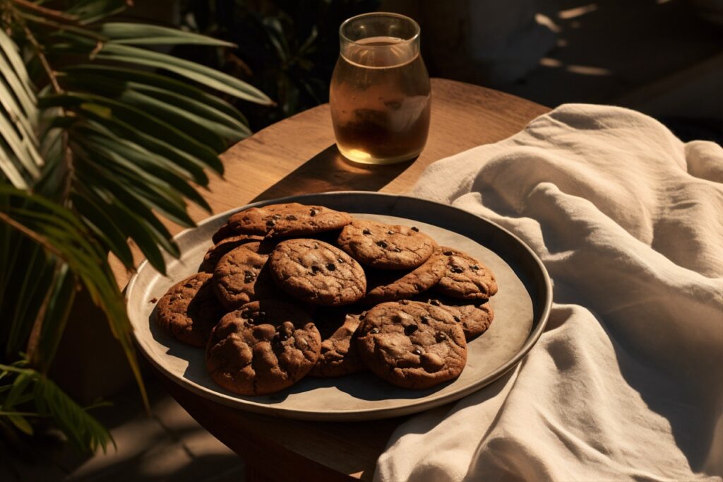 Prato com biscoitos de chocolate com whey servidos em uma mesa ao ar livre, acompanhados de uma bebida.