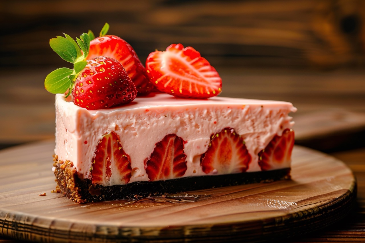 Cheesecake de morango proteico com whey, decorado com morangos frescos.