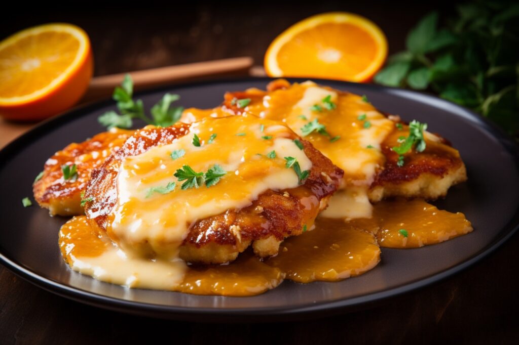 Frango à parmegiana assado no forno, coberto com molho de tomate, queijo derretido e decorado com salsa fresca, servido em um prato com rodelas de laranja ao fundo.
