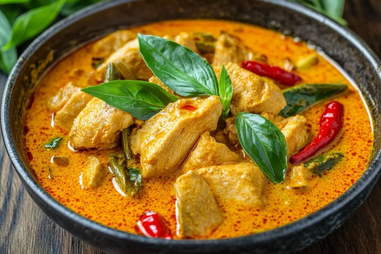 Frango ao curry com leite de coco servido em um prato, decorado com folhas de manjericão fresco e pimentas vermelhas. Um prato exótico, cremoso e aromático.