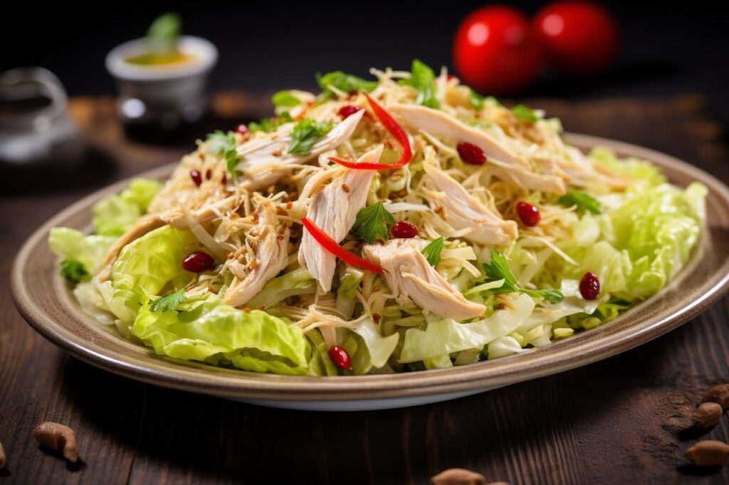 Salada fresca com alface, frango desfiado, pimenta vermelha e sementes de gergelim, perfeita para uma refeição saudável e leve.