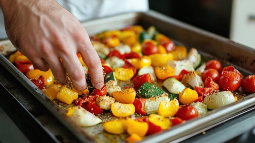 Legumes coloridos, incluindo pimentão, abobrinha, cebola e tomate, temperados e prontos para serem assados na Air Fryer, destacando o preparo saudável e saboroso.