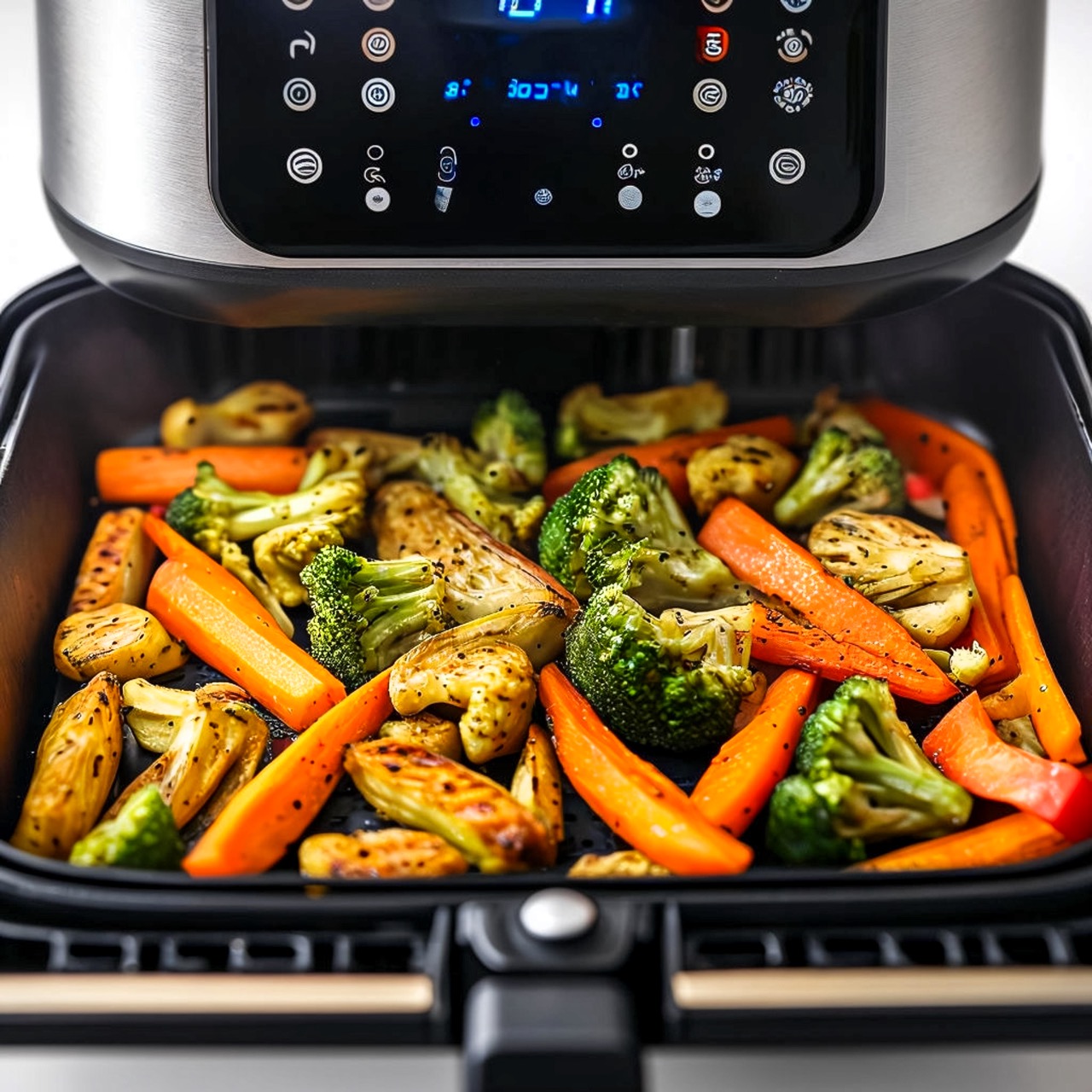 Legumes variados, incluindo brócolis, cenoura e abobrinha, grelhados na Air Fryer, prontos para servir com crocância e sabor preservado.