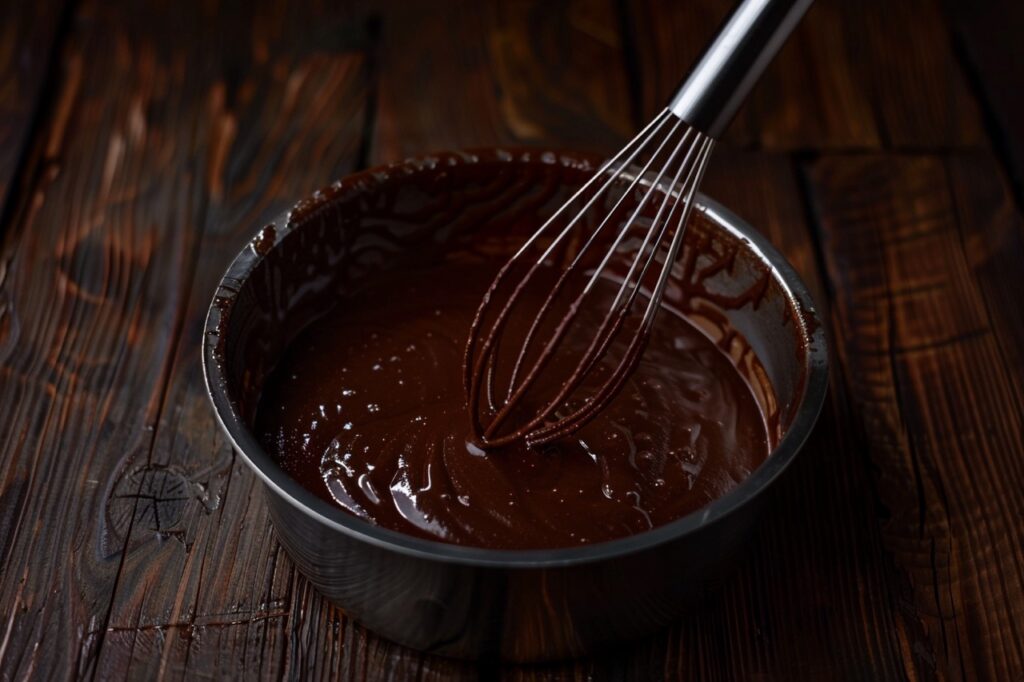 Mistura de mousse de chocolate proteico com whey sendo preparada com um batedor de arame.

