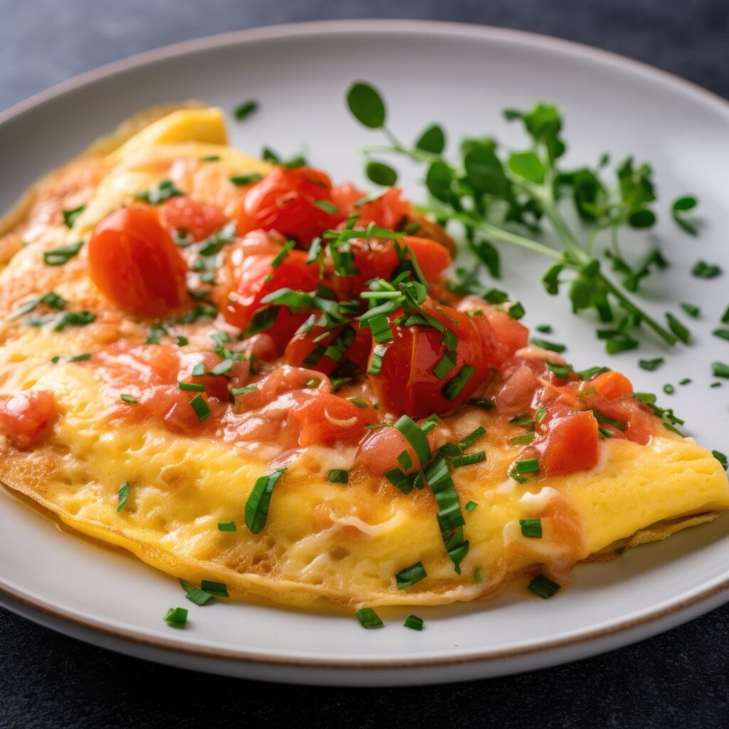Omelete dobrada, coberta com tomates cereja picados e ervas frescas.

