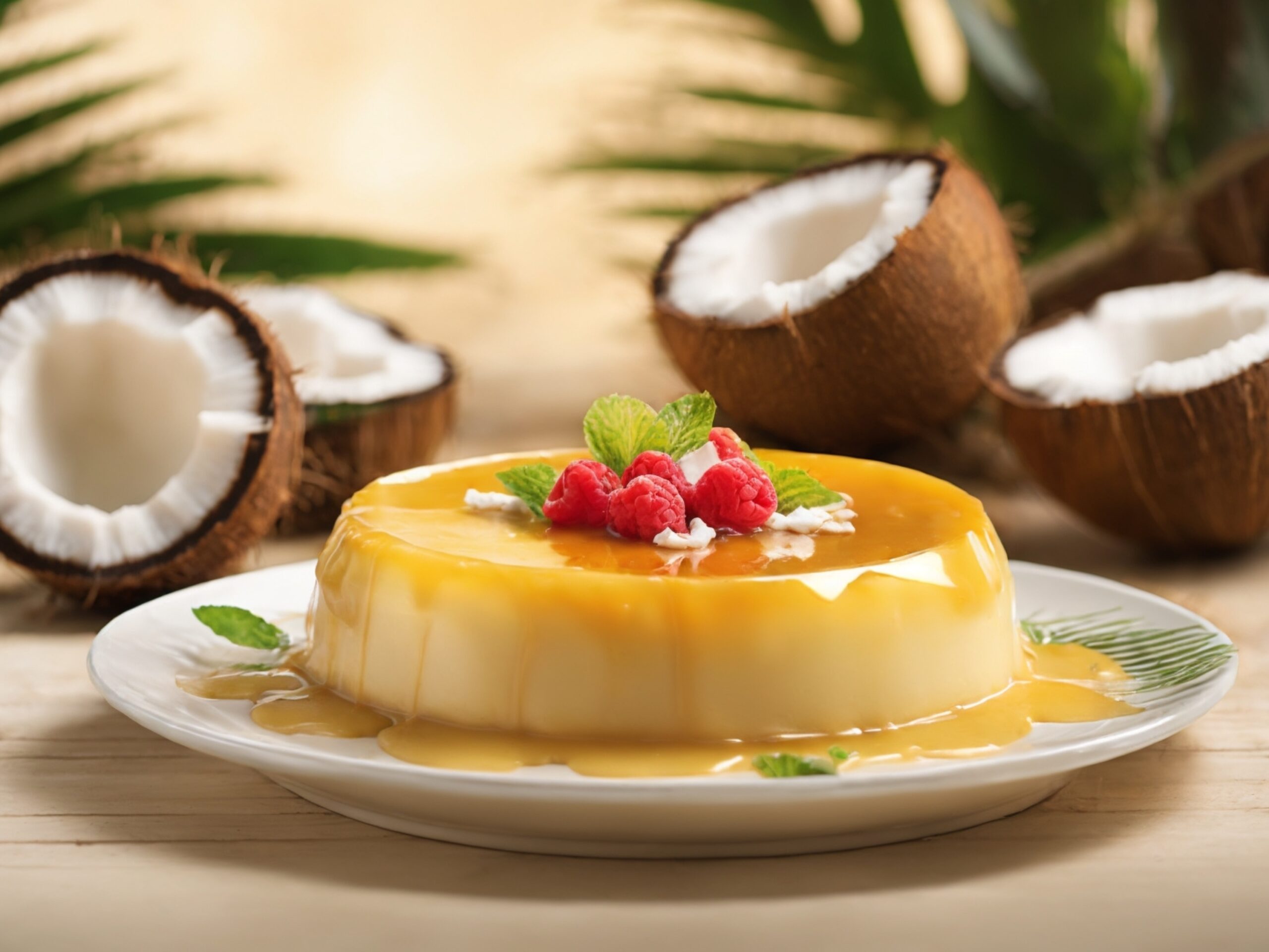 Pudim low carb de coco decorado com calda dourada, framboesas e folhas de hortelã, ao lado de cocos abertos.