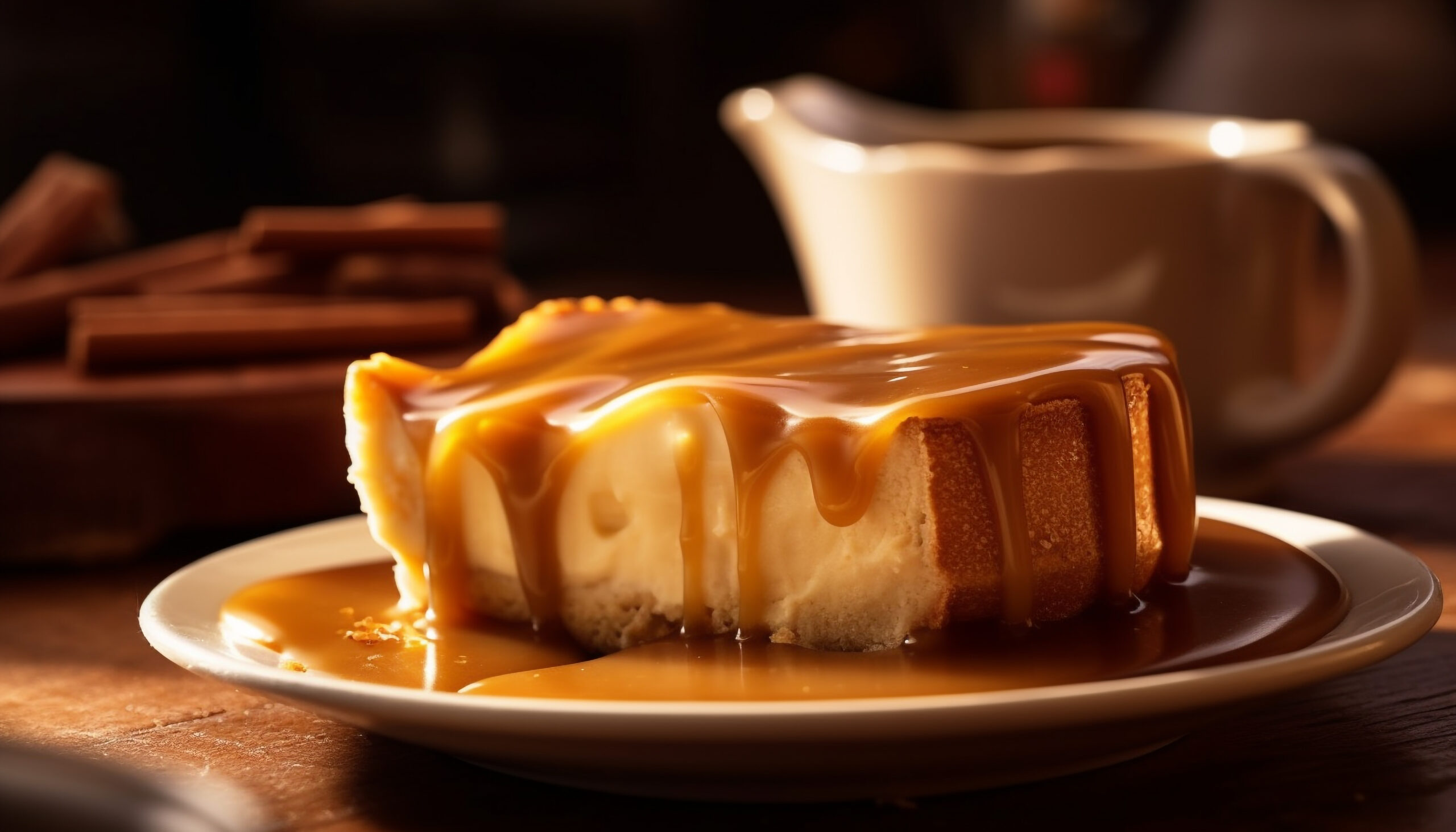 Fatia de pudim de leite sem açúcar coberto com calda caramelizada, ideal para diabéticos.