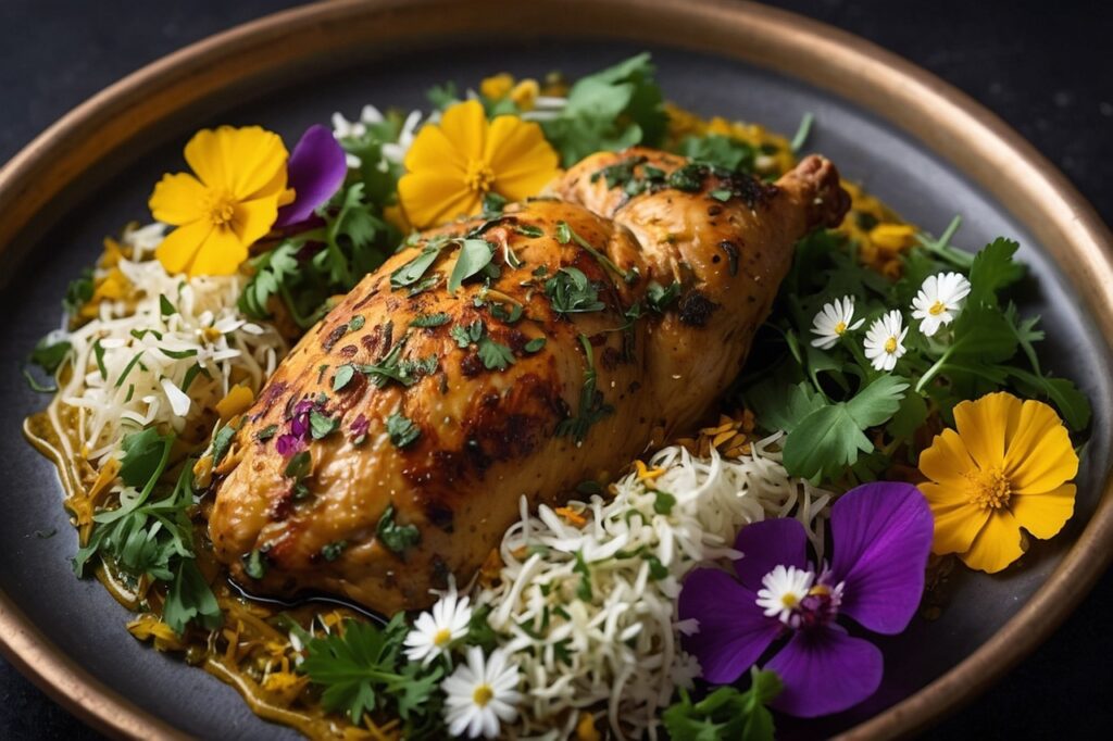 Frango grelhado suculento com ervas finas, decorado com flores comestíveis e ervas frescas, ideal para uma refeição saudável e sofisticada.

