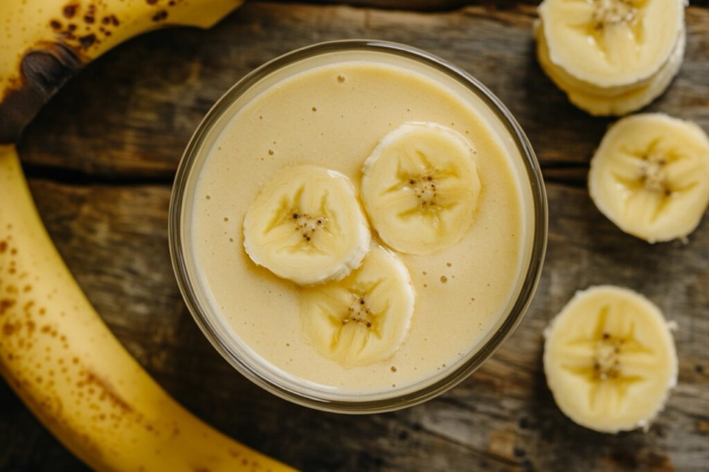 Smoothie de banana com whey, decorado com fatias de banana, visto de cima.