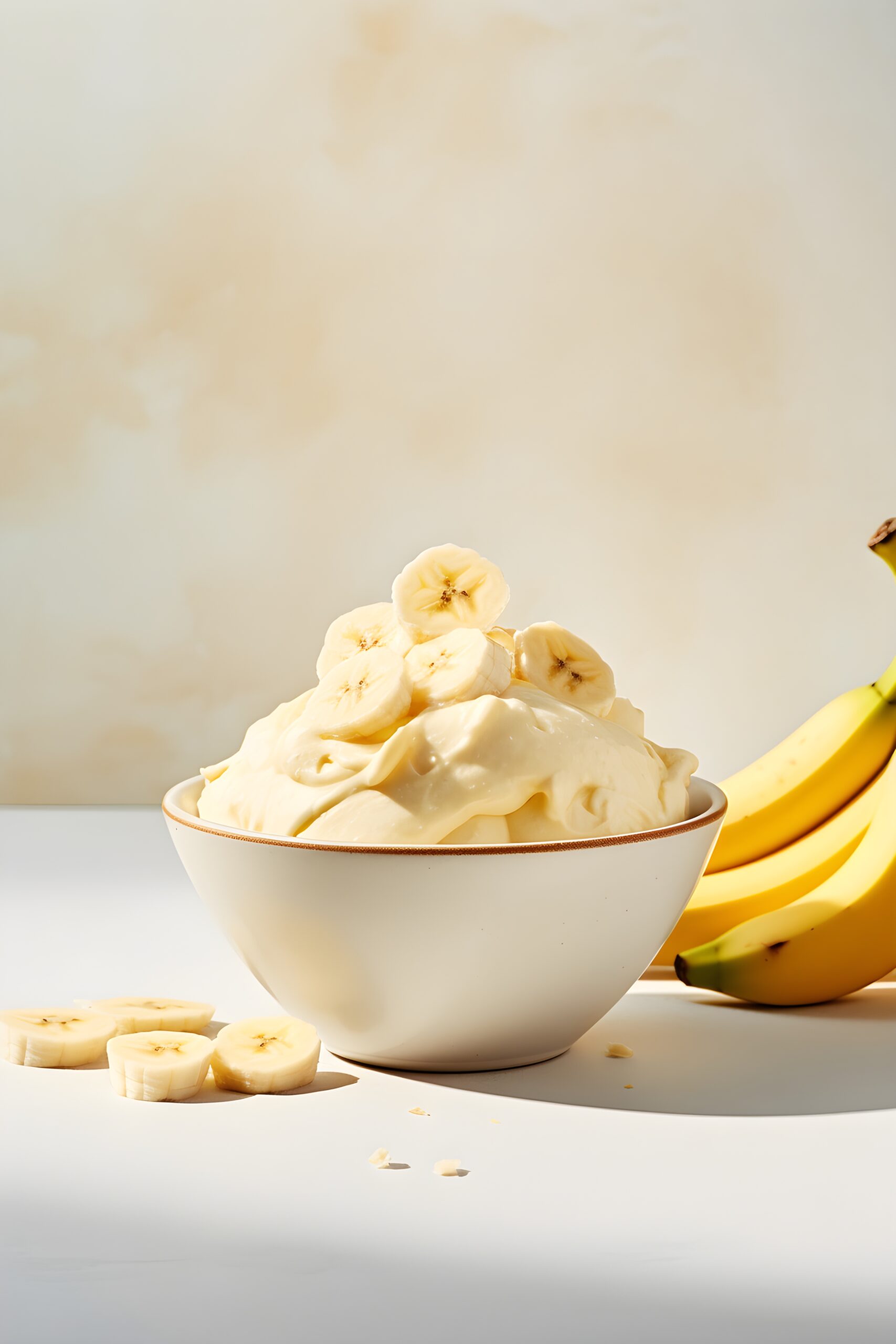 Sorvete proteico de whey e banana em uma tigela, decorado com rodelas de banana.