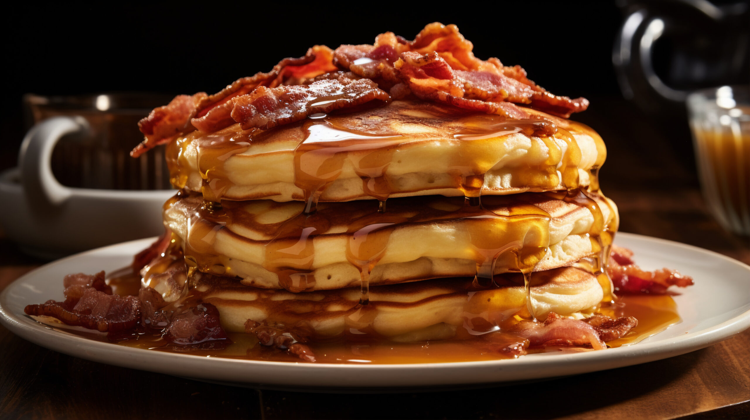 Panqueca americana com calda de maple e bacon no café da manhã