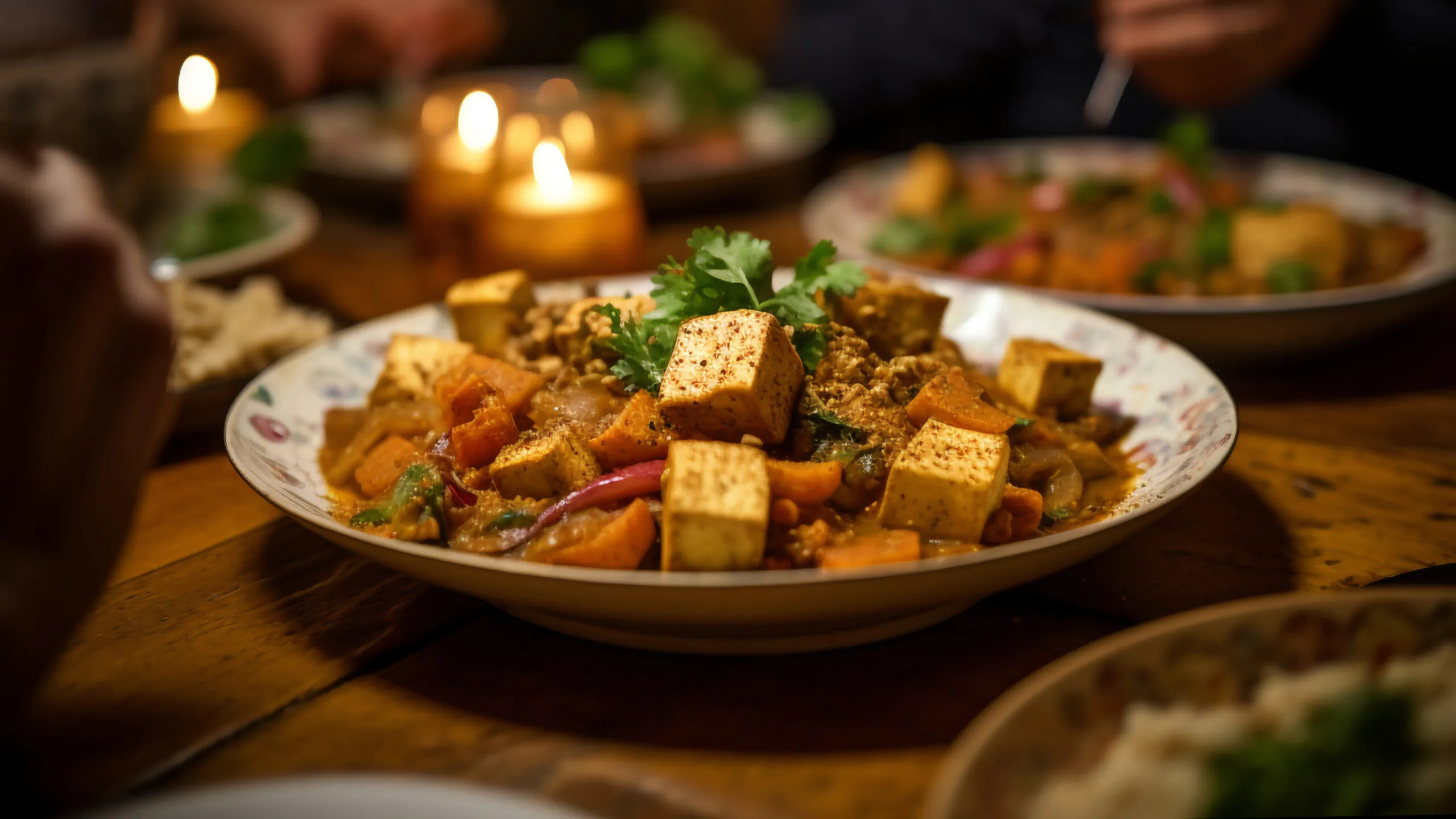 Prato de tofu marinado com brócolis e batata doce servido em um jantar aconchegante.